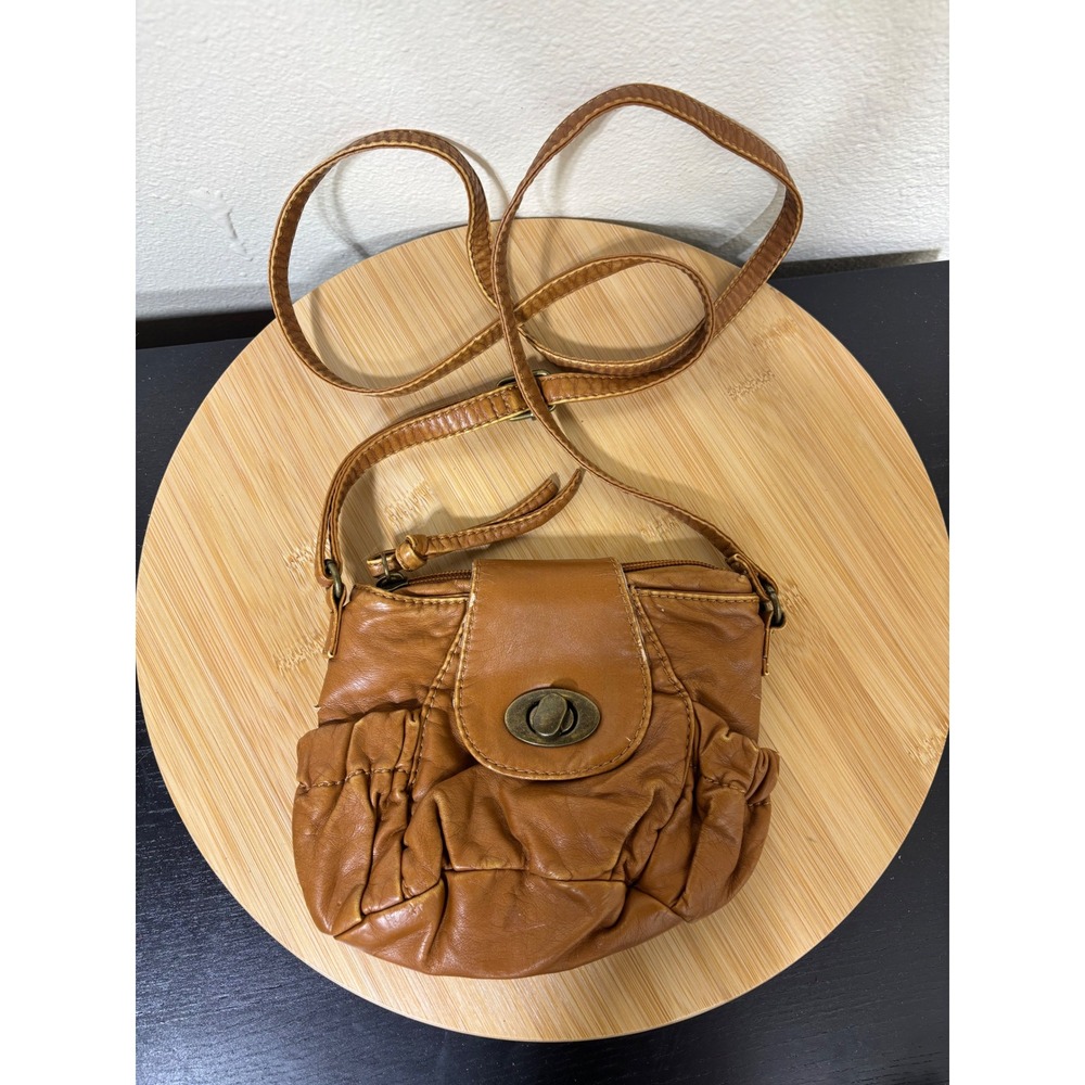 Ampere Creations Mini Crossbody Small Tan Vegan Leather Ruched Turnlock‎ Bag